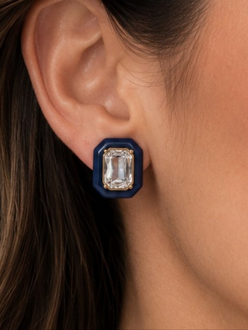 💎 Plunder Navy Blue Clear Crystal Statement Stud Earrings NWOT